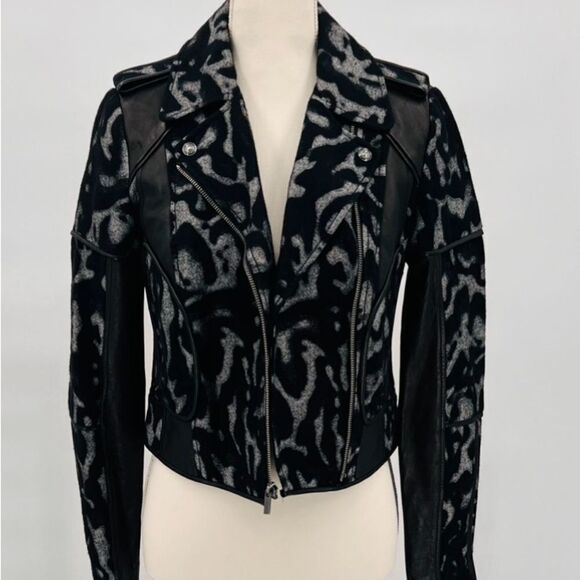 DVF Jacket Leather Moto Animal Print Black Size 2 - Picture 10 of 14
